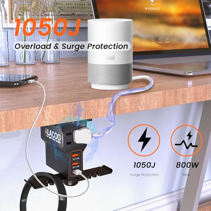 All-in-One Under Desk Headset Stand with Charging Station - Dual 360° Rotating Hooks, 3 USB Ports & AC Outlet, Built-in Surge Protector and Cable Management (Black)