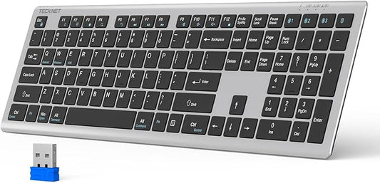 TECKNET Bluetooth Keyboard Rechargeable, 4-Device Free Switching (2.4G+BT), Ultra-Slim Full Size Wireless Keyboard, Quiet Typing, for PC/Laptop/Smart TV/Phone, Adjustable Stand, 12 Multimedia Keys