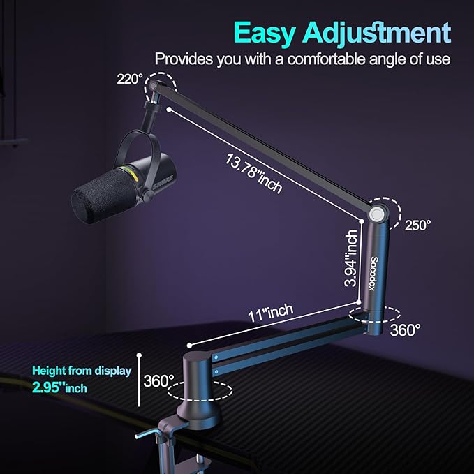Boom Arm, Low Profile Microphone Stand for Blue Yeti, Mic Arm Microphone Arm with 3/8" to 5/8" Adapter Holds Up to 3.3lbs
