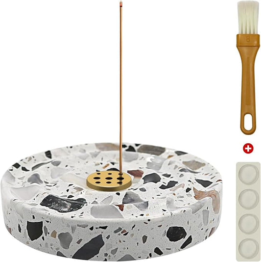 White Terrazzo Stone Incense Holder， 9 Brass Stick Insert Holes, Yoga & Home Relaxation