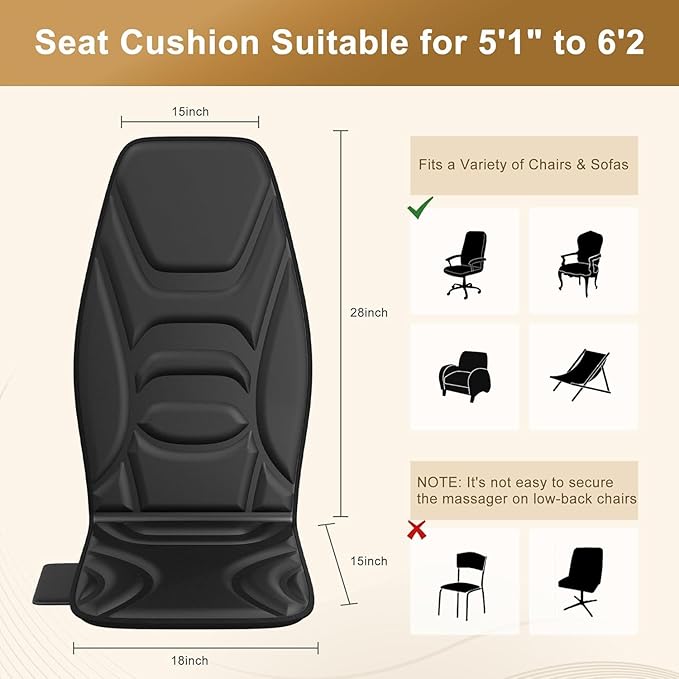 Back Massager with Heat,8 Vibration Motors Massage Chair Pad for Shoulder and Back, Deep Tissue Vibration Seat Cushion for Body Pain Relief，Home Office Chair Use, Gifts for Women,Men,Black