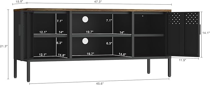 Manhattan Comfort Landen 47" Modern Metal TV Stand with Storage Cabinets & Open Shelves, Holds Up to 40" Screen, TV Console with Natural Wood Top, Cable Management, Adjustable Legs, Black