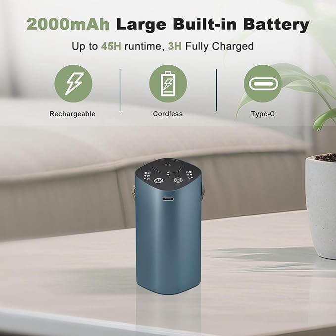 Waterless Essential Oil Diffuser for Car & Home，Aromatherapy Diffuser with 4 Timer（1/3/6/Off, 3 Mist Mode, Battery Operated, Air Scent Diffuser for Bathroom Office, Small Aroma Diffuser Greyblue