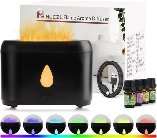 Flame Diffuser for Essential Oils, 200ml Ultrasonic Aroma Diffusers with Cool Mist, Aromatherapy Diffuser with Auto-Off Protection, Small Humidifier for Home,Office,Gift,B(7 Colors)+Oils（Each 5ml）