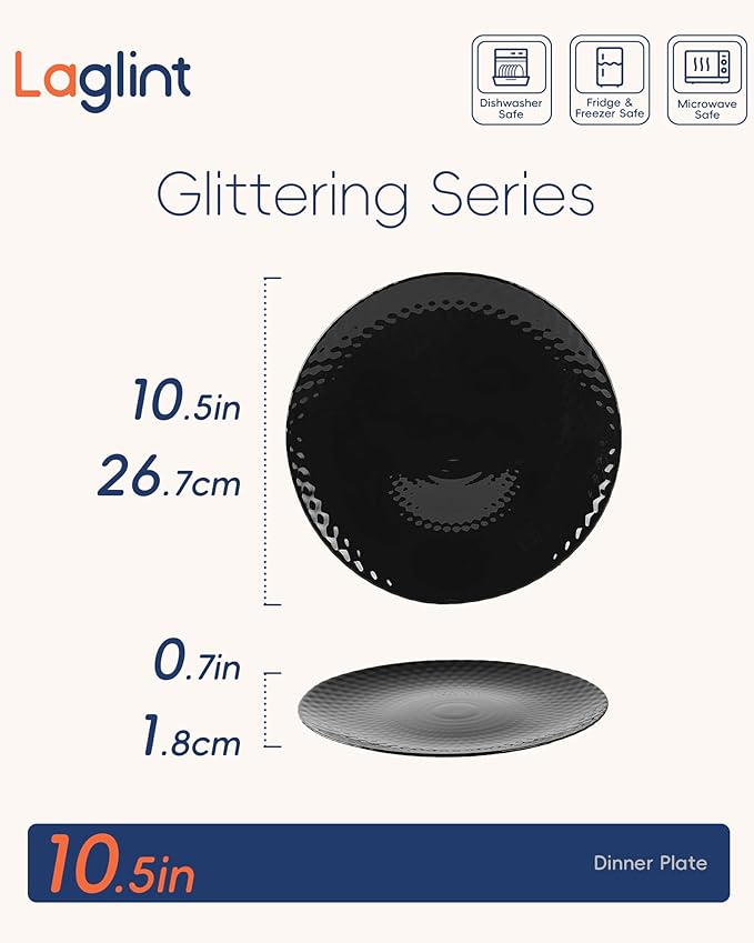 10.5 inch Dinner Plate Set of 6, Light and Durable Opal Glass Black Geometric Faceted Dinnerware Plates, Dishwasher and Microwave Safe