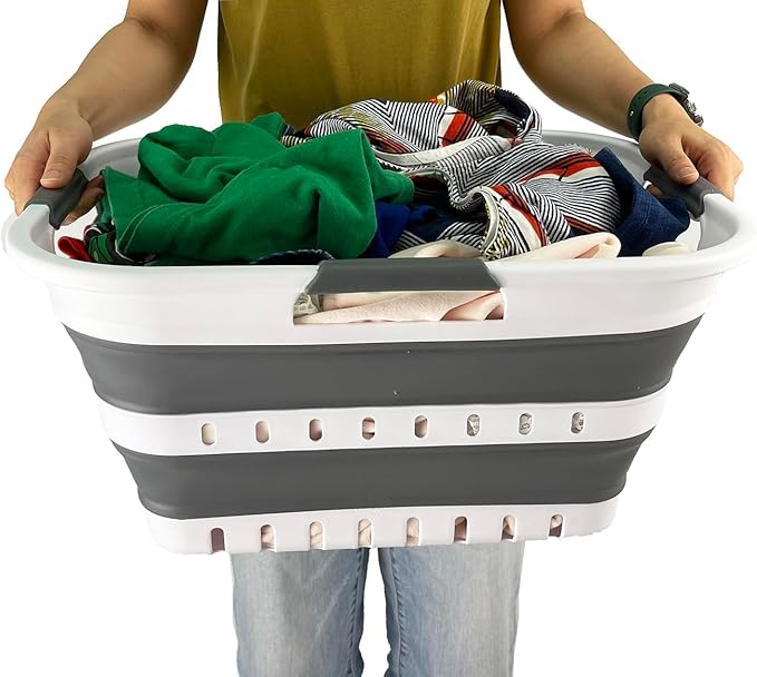 SAMMART Collapsible Plastic Rectangular Laundry Basket - Foldable Pop Up Storage Container/Organizer - Portable Laundry Hamper - Space Saving (White/Steel Grey, 30L)