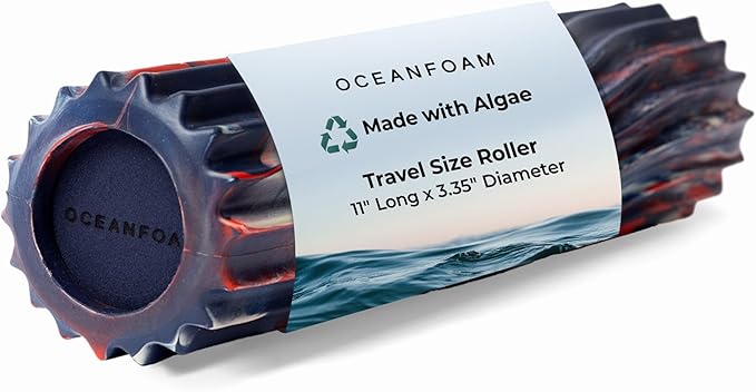 Oceanfoam Ripple Travel Foam Roller (11" x 3.35") Firm Mini Foam Roller for Physical Therapy, Deep Tissue Massage, Back Pain - High Density, Wave Textured - Yoga (Red, Dark Navy & Natural Marbled)