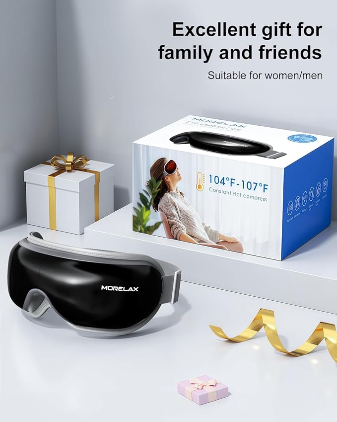 Morelax Eye Massager with Heat & Bluetooth Music, Birthday Gifts for Women, Reduce Eye Strain, Headache Relief and Improve Sleep, Eye Care Gift（Black）