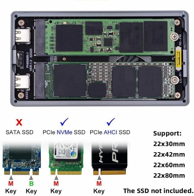 CY USB4.0 20Gbps Dual NVME M.2 NGFF M-Key to USB-C Type-C Raid0 Raid1 JBOD Big Enclosure with Fan Raid0 Hyper Adapter