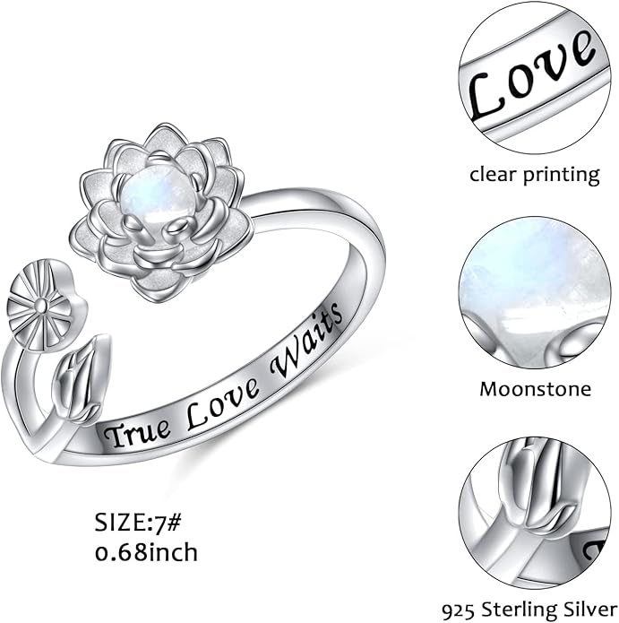Moonstone Lotus Jewelry Set 925 Sterling Silver Lotus Flower Ring Engraved True Love Waits Natural Healing Buddha Spiritual Yoga Lotus Jewelry Set Gifts for Women