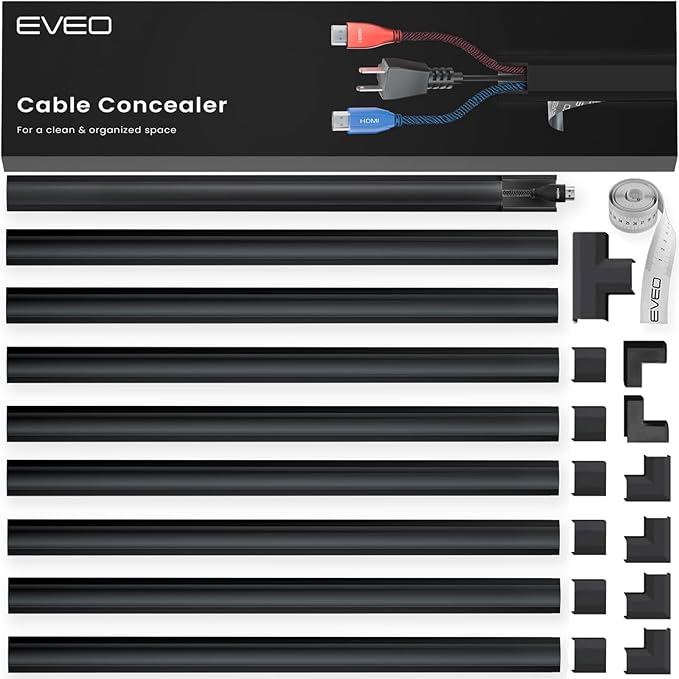 Cord Hider 153in - Cord Covers for Wires - Paintable Cable Hider - Cable Management - Wire Hiders for TV On Wall - Cable Management Cord Hider Wall - Cable Raceway - 9X (L17 x W0.95 x H0.5) - Black