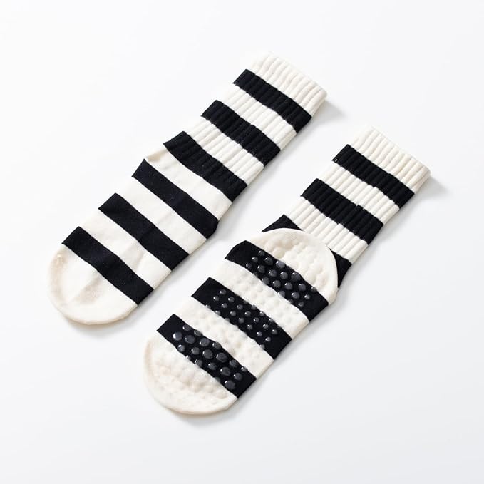 Yoga Pilates Socks with Grips for Women Non Slip Striped Cushioned Crew Socks for Barre Ballet Dance