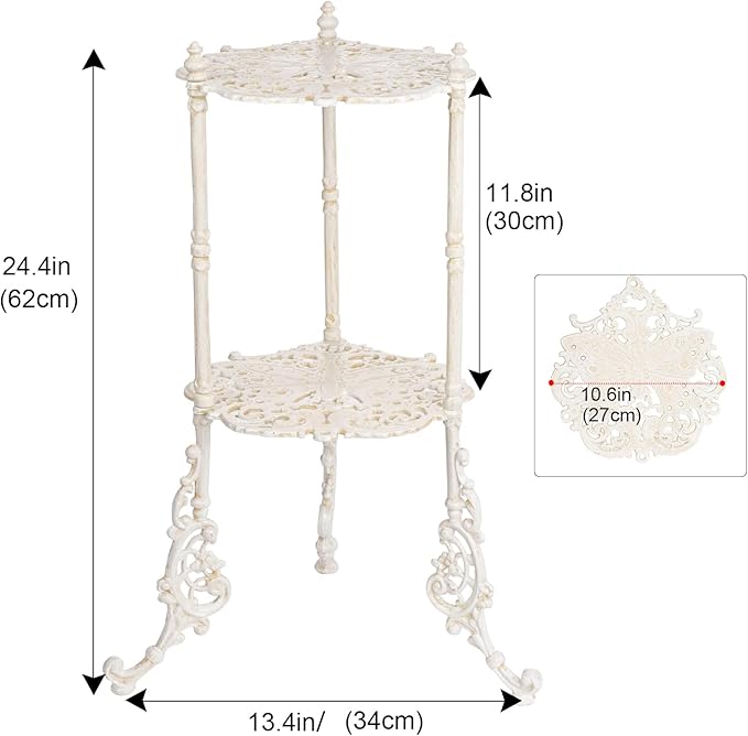 Sungmor Vintage Cast Iron 2-Tier Plant Stand, Elegant Butterfly & Floral Design with Antique White Finish, 24 Inch Tall Rustic Flower Pot Holder, Heavy Duty Metal Display Shelf for Indoor and Outdoor