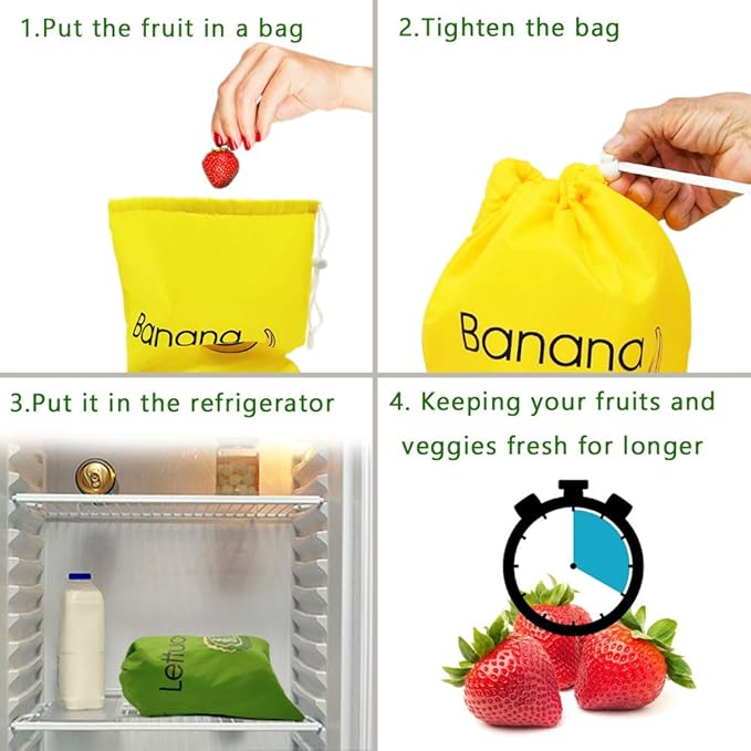 DE Reusable Produce Bags ，Includes Banana Bag and Lettuce Bag，Keep it Longer Up To 2 Weeks Stop Food Waste