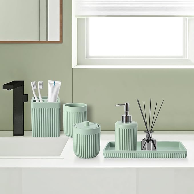 Resin Light Green Bathroom Accessories Set 5 Pcs, Lotion Soap Dispenser, Toothbrush Holder, Bathroom Tumbler, Qtip Holder and Vanity Tray, Bathroom Countertop Organizer Set for Modern Apartment