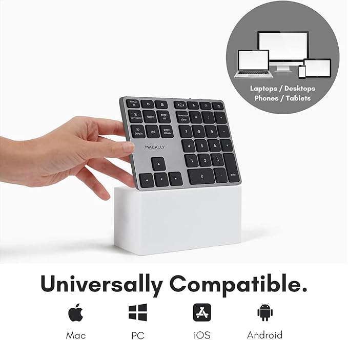 Macally Bluetooth Number Pad for Laptop - Slim Aluminum Design - Rechargeable Wireless Numeric Keypad - 35 Key Numpad Keyboard for Data Entry - for Mac, MacBook Pro/Air, iPad, iPhone, iOS, PC, Android