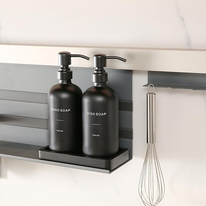 Matte Black Soap Dispenser Set, Kitchen Soap Dispenser Set with Black Stainless Steel Pump, Perfect for Kitchen Decor and Accessories. (Black)