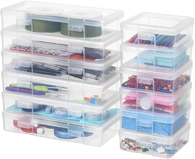 novelinks Stackable Plastic Clear Storage Box Containers with Latching Lid - Art Craft Supply Organizer Storage Containers for Pencil Box, Crayon, Beads (6 Pack Small + 6 Pack Medium -Clear)