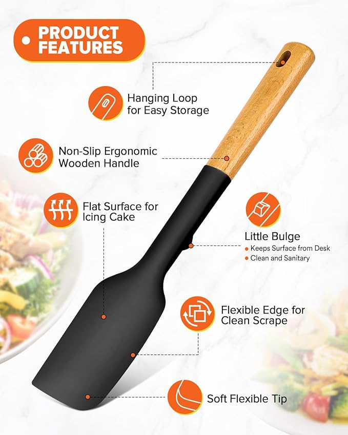 Silicone Spatula Spoon Set, Great for Mixing, Folding, Scraping, and Spreading, Sturdy BPA-Free Matte Silicone, Wooden Handle Rubber Spoonula for Nonstick Cookwares,4 Pack (BLACK)