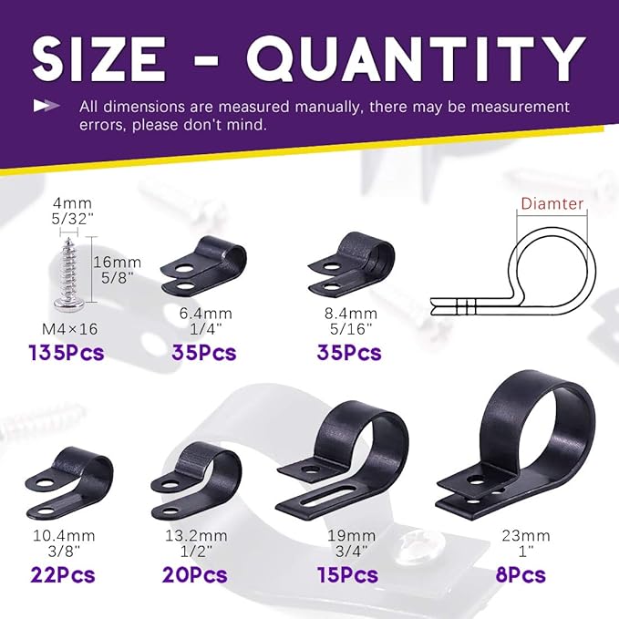 Swpeet 135 Pack 6 Sizes Black Nylon Plastic R-Type Cable Clips Clamp Assortment Kit, 1/4" 5/16" 3/8" 1/2" 3/4" 1" Nylon Screw Mounting Cord Fastener Clips with 135 Pack Screws for Wire Management