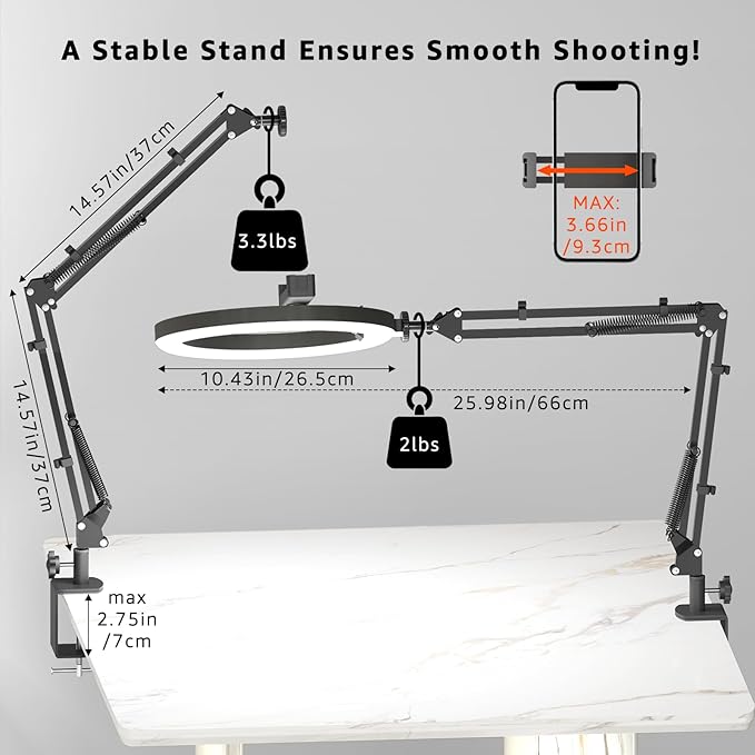 10" LED Ring Light with Overhead Phone Stand, CRI≥95 1200lm Dimmable Lighting, Adjustable Metal Arm with Remote & Phone Holder, for Streaming, Makeup, Zoom Calls, Photography
