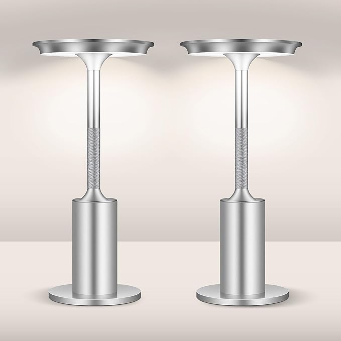 2 Pack Cordless Table Lamps Rechargeable, 5000mAh Battery Operateds Table Lights, LED Portable Silver Table Lamp for Outdoor/Dinner/Patio/Restaurant，3 Color Temperature & Stepless Dimming
