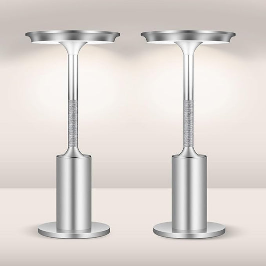 2 Pack Cordless Table Lamps Rechargeable, 5000mAh Battery Operateds Table Lights, LED Portable Silver Table Lamp for Outdoor/Dinner/Patio/Restaurant，3 Color Temperature & Stepless Dimming