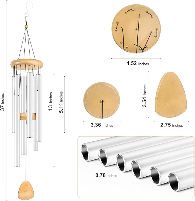 Large Aluminium Wind Chimes 37 Inches to Create a Zen Atmosphere Suitable for Outdoor, Garden, Patio Decoration. Classic Wind Chimes with Wind Catcher Suitable as A Gift for Unisex(White)