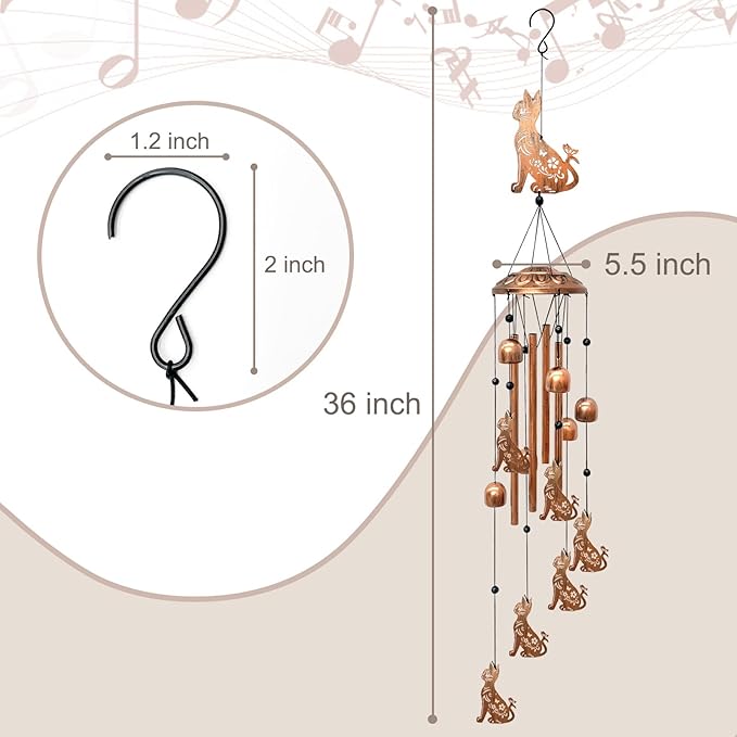Cat Wind Chimes for Outside, Metal Windchimes Outdoors Birthday Gifts for Women Memorial Sympathy Wind Chimes for Patio Garden Yard