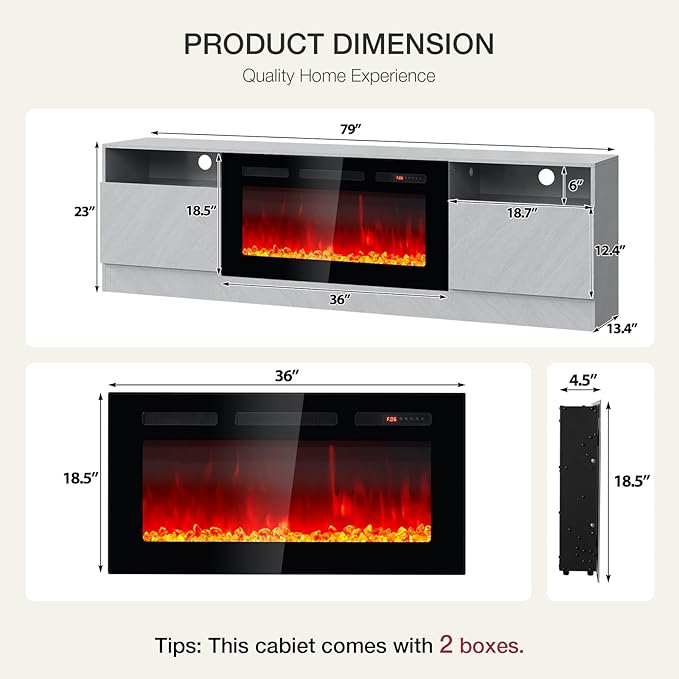 80” TV Stand with 36” Electric Fireplace, Large Modern Media Entertainment Center with Storage Cabinet and 12 Colors LED Lights for TVs Up to 90",Grey and Black