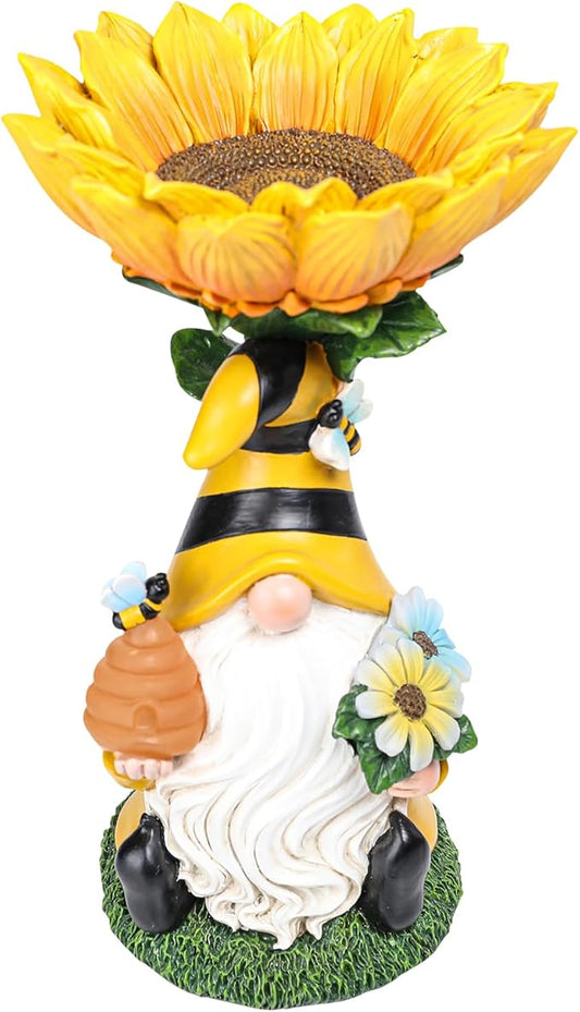 MUMTOP Garden Gnome Statue with Sunflower Birdbath Birdfeeder Outdoor Decor, Resin Summer Bee Gnome Holding Honey Jar with Solar LED Light Waterproof Garden Sculpture for Yard Lawn Decorations