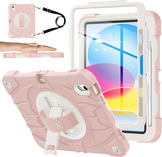 for iPad(A16) 11 inch 2025 case/10.9 inch iPad 10th Generation Case, Heavty Duty Shockproof Full Protective Case with Screen Protector and Rotatable Hand Strap, Shoulder Strap (Light Pink)