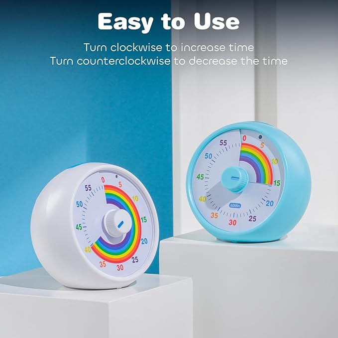 Visual Timer for Kids, 60-Minute Countdown for Classroom Office Kitchen, Desk Timer Kids Time Management Tools with Silent Operation, Pomodoro Timer Rainbow Pattern(Blue)
