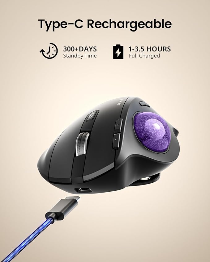 ProtoArc Wireless Trackball Mouse, EM01 NL Ergonomic Bluetooth Rollerball Thumb Rechargeable Computer Laptop Mouse, Adjustable Angle & 3 Device Connection for PC, Mac, Windows-Purple Ball