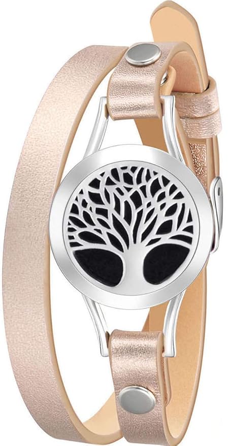Wild Essentials Tree of Life Essential Oil Bracelet Diffuser, Leather Wrap Band, Stainless Steel Locket Pendant, 12 Color Refill Pads, Customizable Color Changing Perfume Jewelry for Aromatherapy