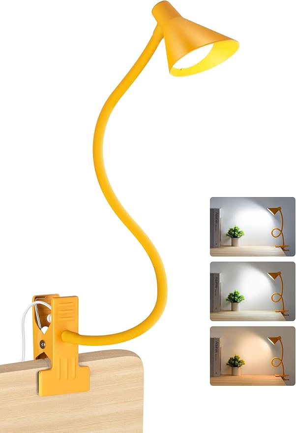 Desk Lamp Clip on Lamp for Bed Headboard LED Reading Light for Bed, 3 Colors 10 Dimmable Brightness, Book Light for Reading in Bed Flexible Neck Clip on Light Clamp Lamp for Bed Desk(Yellow)