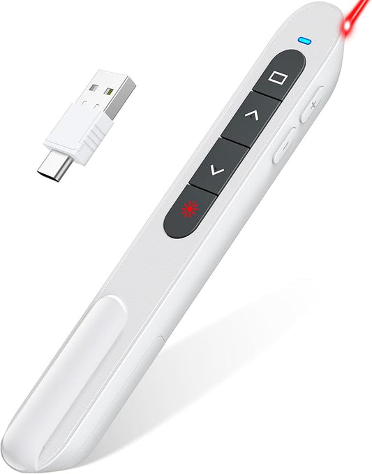White USB C Presentation Clicker, Volume Control Wireless Presenter, RF 2.4GHz Presentation Remote PowerPoint Clicker Slide Advancer Pointer for Classroom/Office/Mac/PC