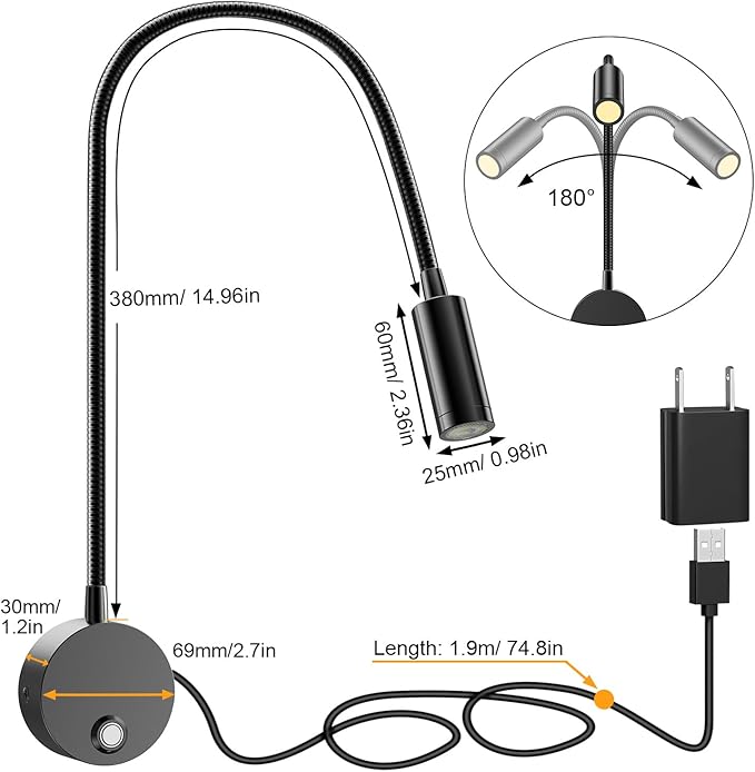 Wall Mounted LED Reading Light with 15" Flexible Gooseneck, Dimmable Book Light for Reading In Bed with USB Charging Port, Plug In Headboard Night Lights, 3 Colors Temperature, Touch Control-2 Pack