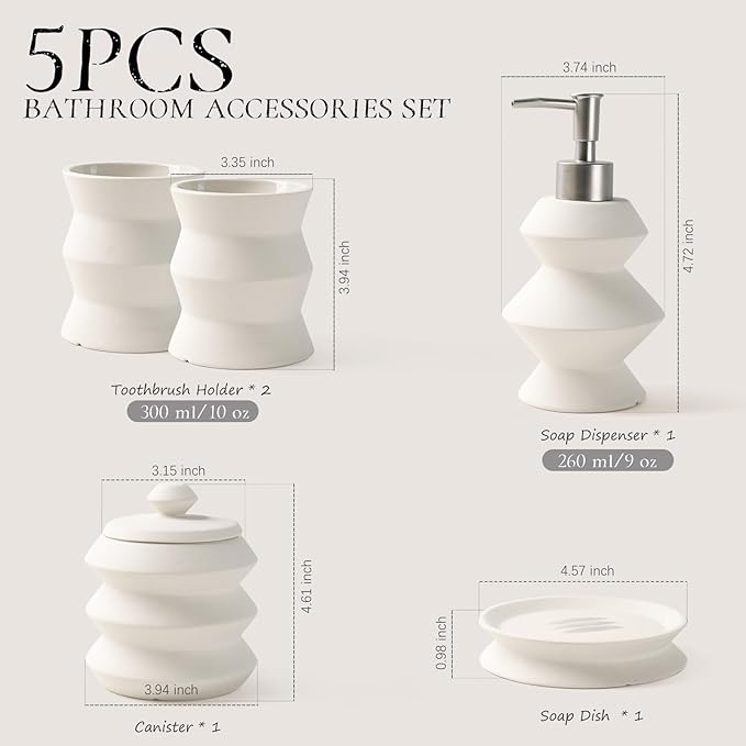 Bathroom Accessory Set 5PCS, Beige Ceramic Bathroom Accessories Set, Unique Design Small Bathroom Accessories Sets Complete, Home Apartment Minimalist Bathroom Decor Vanity Countertop, ANTIS'S HOME