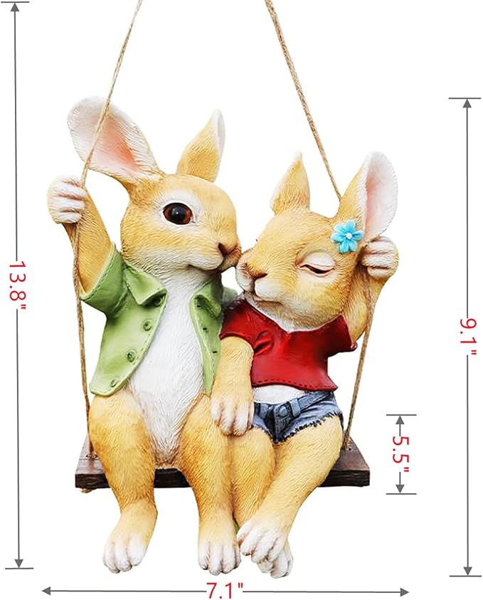 iRonrain Garden Statue Swing Bunny Couples, Indoor Outdoor Hanging Rabbits Lover Sculpture Funny Simulation Art Décor Figurine Ornament for Fence Pathway Backyard Landscape Tree Decorations