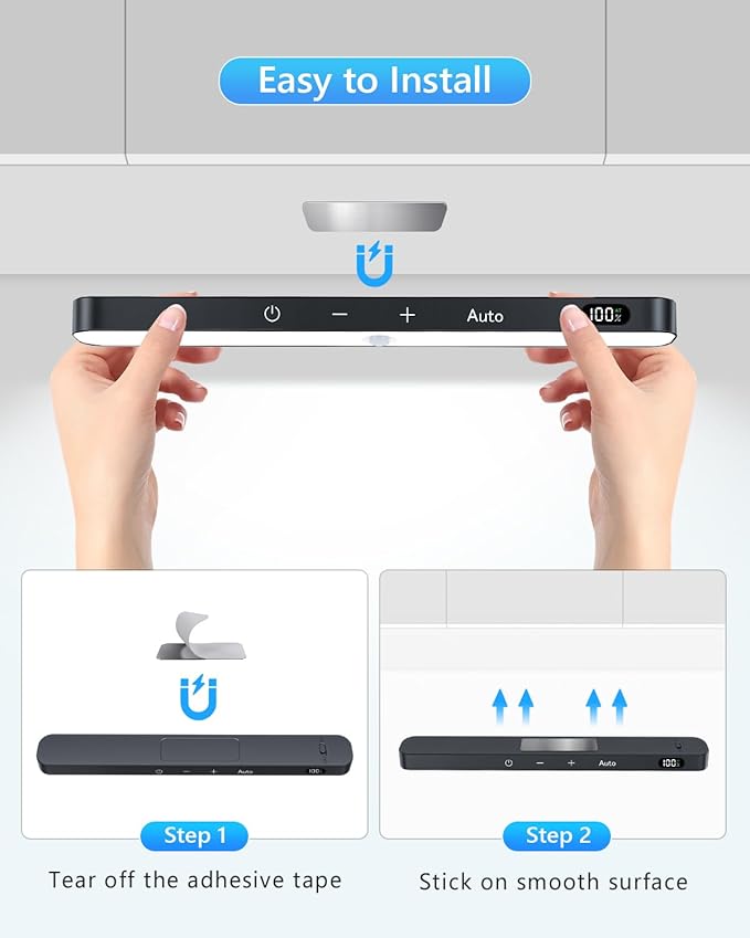 Ferswe Under Cabinet Lights Rechargeable, Battery Level Display, 60 LED Motion Sensor Cabinet Light, Dimmable Touch Control, Under Counter Lights for Kitchen, Closet, Cupboard(2 Pack)