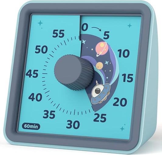LIORQUE 60 Minute Visual Timer for Kids, Visual Countdown Timer for Classroom Office Kitchen with 'Space Ship' Pattern Design, Pomodoro Timer with Silent Operation (Batteries Included)