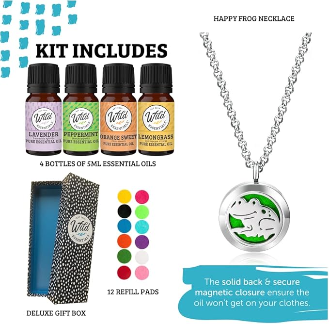 Wild Essentials Happy Frog Necklace Essential Oil Diffuser Kit with Lavender, Lemongrass, Peppermint, Orange Oils, 12 Refill Pads, Calming Aromatherapy Gift Set, Customizable Color Changing, Perfume