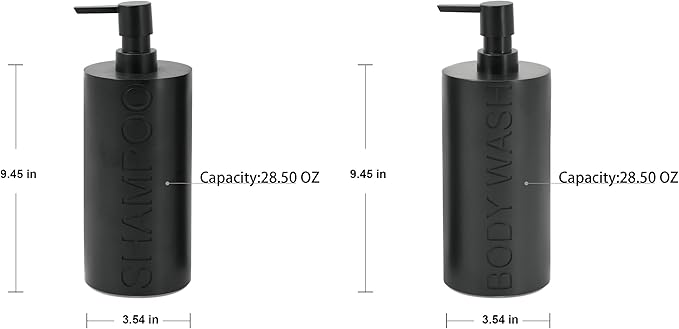 Matte Black Resin 2 Piece Shampoo and Body Wash Dispenser Set, Luxurious Refillable Pump Bottles with Matte Pump Top and Embossed Text, Durable Design for Bathroom and Shower