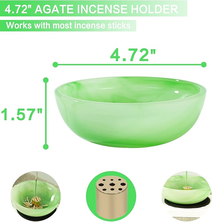 Incense Holder, Multi-Purpose Design Agate Incense Burner ash Catcher with Brass 9 Holes Incense Stick Holder for Home Decor Yoga Spa Madiation (Agate Green)