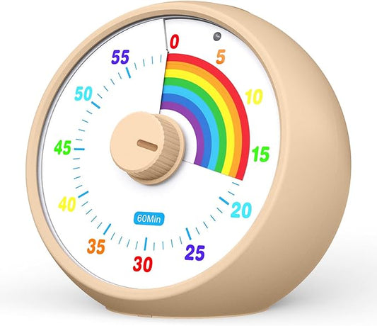 Visual Timer for Kids, 60-Minute Countdown Timer for Classroom Office Kitchen, Desk Timer Kids Time Management Tools with Silent Operation, Pomodoro Time Rainbow Pattern(Khaki)