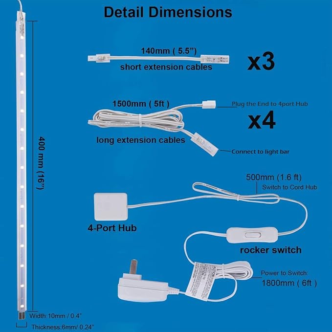 LED Display Light Bar Kit - (4) 16inches Plug-in Linkable Strip Lights for Large Display Cabinet - Series + Parallel Connection - White 6000K
