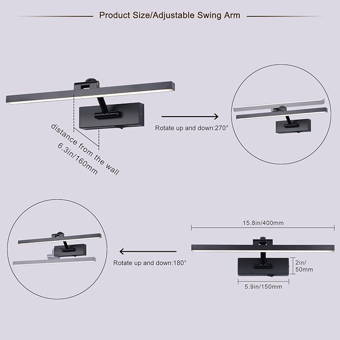 LED Wireless Picture Light with Remote Control,USB Rechargeable Battery Powered Art Lamps,Dimmable,270° Rotate,Timing,15.5 Inch Black Wall Lights for Paintings,Picture Frame,Gallery