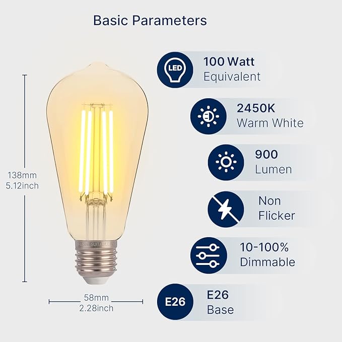 FLSNT 100W Equivalent LED Edison Bulbs, ST19 Dimmable Antique LED Light Bulbs, 2450K Warm White, 8W, 900LM, E26 Base, Amber Glass, 12 Pack