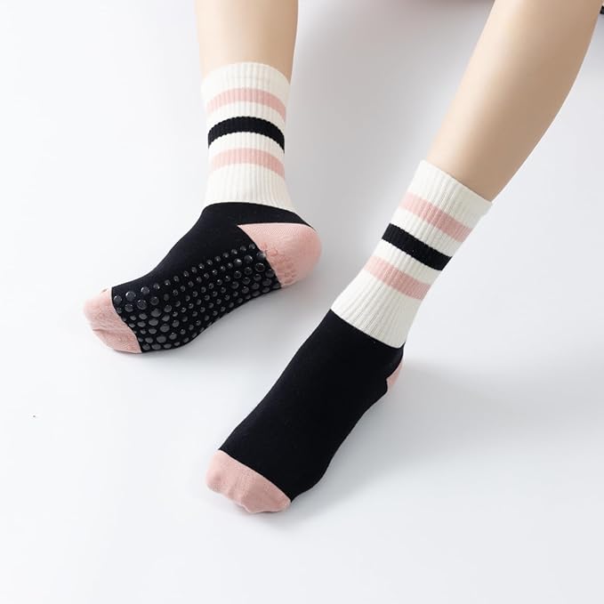 Yoga Pilates Socks with Grips for Women Non Slip Striped Cushioned Crew Socks for Barre Ballet Dance